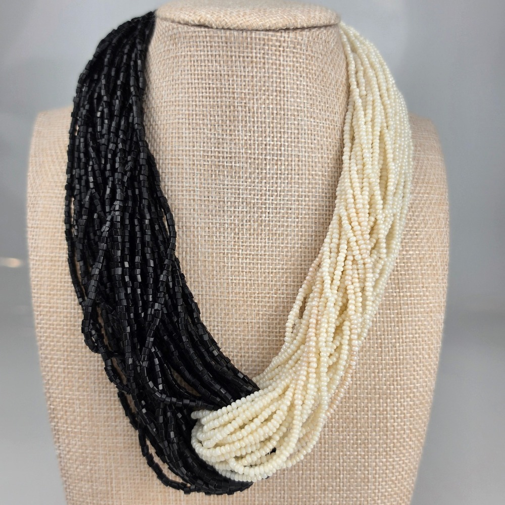 Stunning Two Tone Black White Multi Strand Glass Bead Necklace Layered Statement